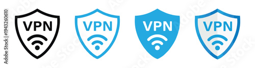 Set of four VPN shield icons with wifi signal symbol for network security and privacy protection