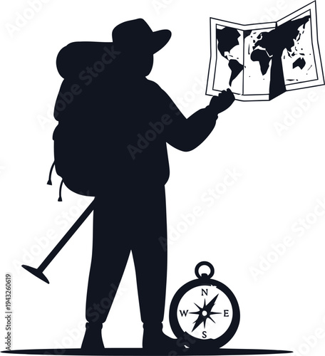 Hiker navigating with map and compass