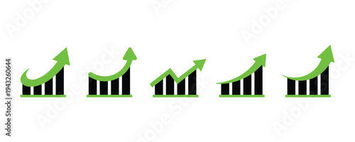 Set of green upward trend bar graph icons with arrows indicating growth and progress