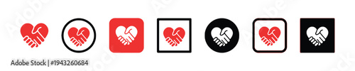 Set of handshake heart icons representing charity support and strong relationships