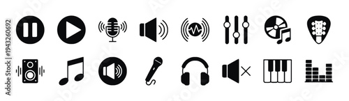 Set of music icons in solid black, including play, pause, and audio controls