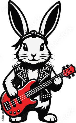 Punk Rock Rabbit Playing Red Electric Bass Guitar