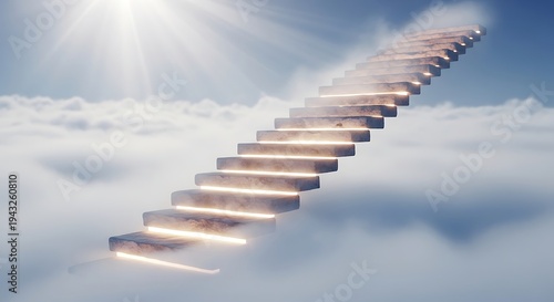 High Quality, Professional a staircase leads up to the sky with clouds and sun shining through the stairs to heaven Stock Photo, AI Generated