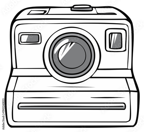 Illustration of a retro-style instant camera, a classic photo tool, in black and white line art, isolated on white