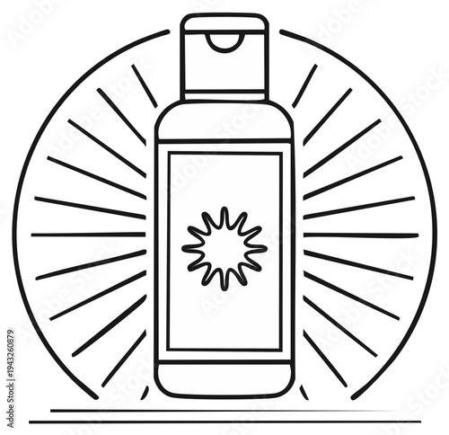 Sunscreen Lotion Bottle Outlined for Summer Protection in Circular Badge Design