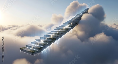 High Quality, Professional A staircase rises through the clouds towards the sky with a bright sun shining in the background Stock Photo, AI Generated