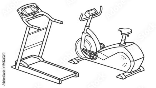 Fitness equipment line art: treadmill and exercise bike icons
