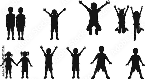 Children silhouettes, playful kids, jumping, celebrating, holding hands, childhood joy, group activity, black vector art, friendship, fun, lifestyle illustration