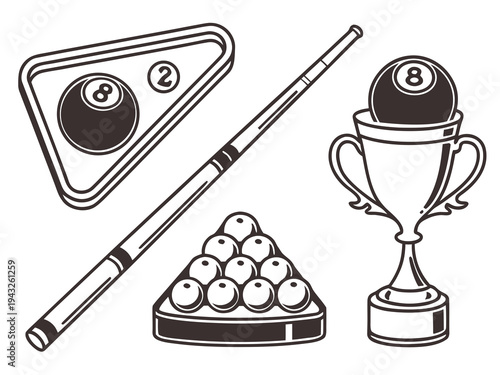 Billiard game icons: billiard balls, rack, cue stick, trophy