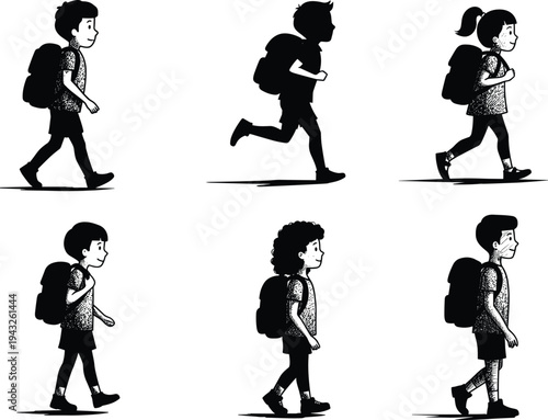Children walking, kids running, school commute, backpack silhouettes, student profile, black white vector, education concept, elementary pupils