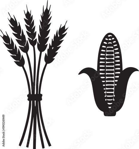 Black Silhouette Icons: Wheat Bundle & Corn Cob