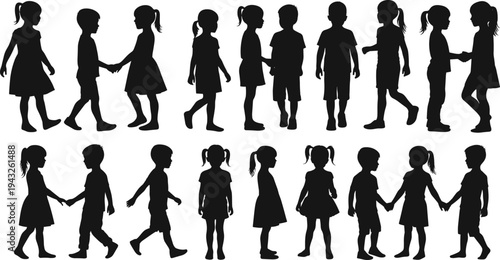 Children silhouettes, social interaction, friendship, playtime, walking together, handshakes, communication, childhood activity, school life, teamwork, bonding, human connection illustration