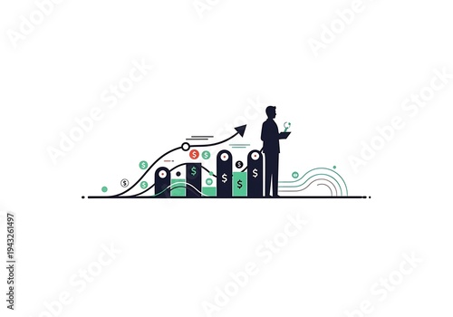 High Quality, Professional Businessman standing next to growing bar chart with dollar signs and increasing arrow on white background Stock Photo, AI Generated