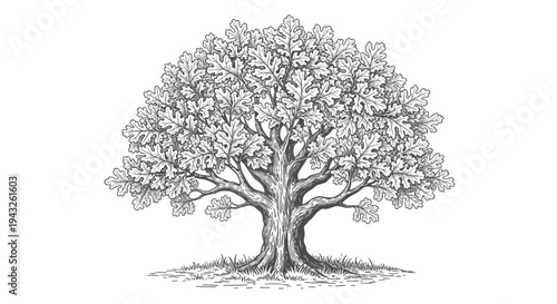 Hand Drawn Oak Tree Illustration - Majestic Tree with Detailed Leaves and Trunk