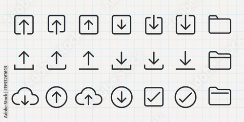 Set of icons with arrows for upload and download. Includes cloud, folder, and check symbols. Perfect for UI design, file management, and data transfer. User interface icons, UI icon vector set.