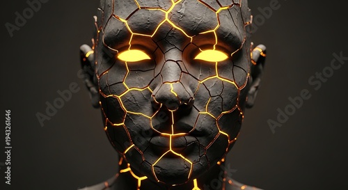 High Quality, Professional Closeup of a cracked human face with glowing yellow eyes and orange lines on skin Stock Photo, AI Generated
