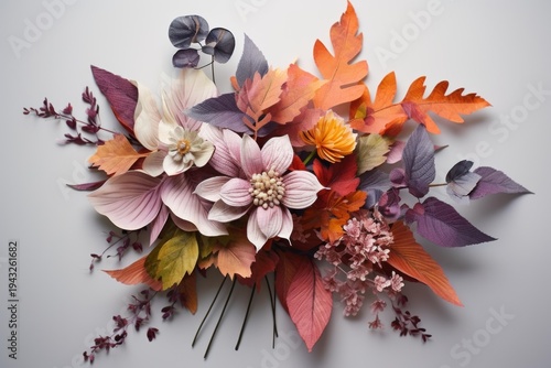 Paper flowers and leaves creating an autumn themed bouquet on a neutral background