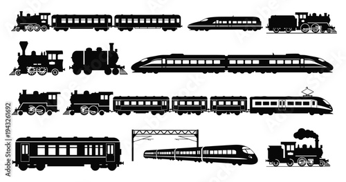 Black silhouette illustrations of diverse trains including steam locomotives, electric trains, passenger cars, and modern high‑speed rail, showcasing evolution of railway design and technology