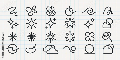 Minimalist icon set with abstract shapes, stars, and clouds. Abstract shapes and stars repeat in various forms. Simple lines create clouds and stars. User interface icons, UI icon vector set.
