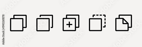 Set of five copy icons. Simple, minimal design. Copy icons with plus, duplicate, and paste variations. Perfect for digital interfaces and design projects. User interface icons, UI icon vector set.
