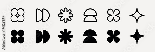 Collection of black geometric shapes. Geometric designs include stars, flowers, and circles. Simple geometric shapes for design. Minimalist geometric icons. User interface icons, UI icon vector set.