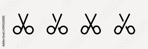 UI icon vectors. Four black scissor icons in a row on a white background. Simple scissor design. Scissor symbols repeated. Minimalist scissor illustration. User interface icons, UI icon vector set.
