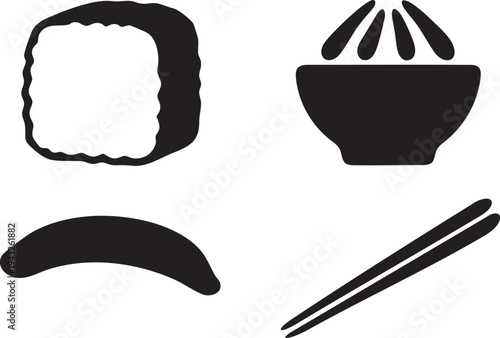 Sushi Set Icons Nigiri Maki Bowl Chopsticks Black