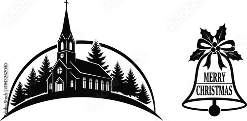 Christmas church silhouette with pine trees and decorative festive bell with merry christmas text isolated on white background for holiday,