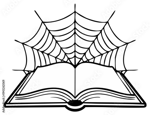 Open book with a spider web illustration. Concept of knowledge or Halloween education. A symbol of learning and spooky stories to be read.