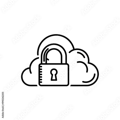 Outline icon depicting a cloud with a padlock, symbolizing secure cloud computing, data protection, and digital privacy.