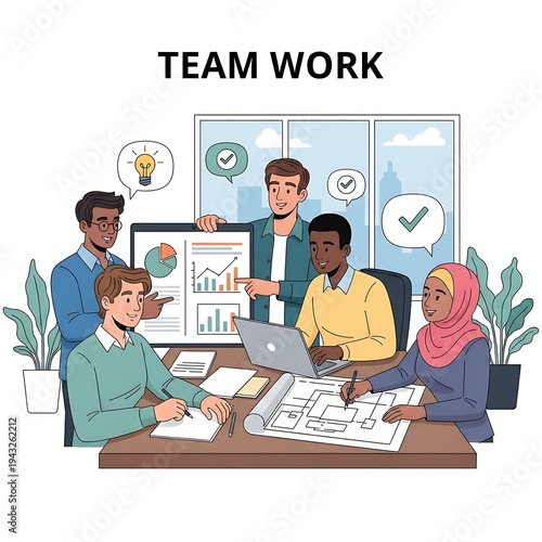 High Quality, Professional Diverse group of people working together at a desk with laptop and papers in office setting with city view Stock Photo, AI Generated