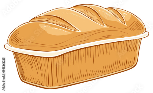 Illustration of a loaf of fresh bread in a baking pan, cartoon style