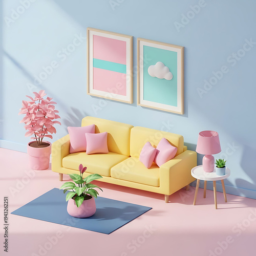 Cozy living room interior with pastel colors and plants  modern home decor
