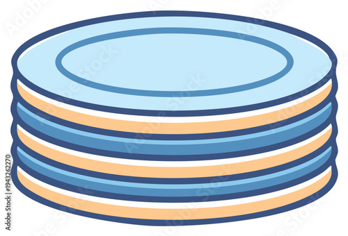 Stack of colorful plates for dining or kitchen use in a simple illustration style
