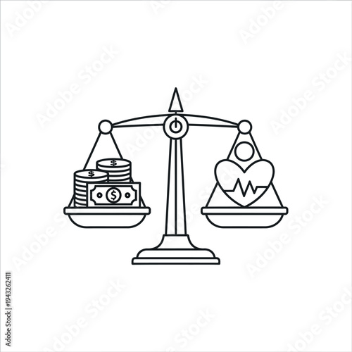 A balanced scale weighing a stack of money against a heart symbol with a heartbeat line, representing the balance between financial wealth and health.