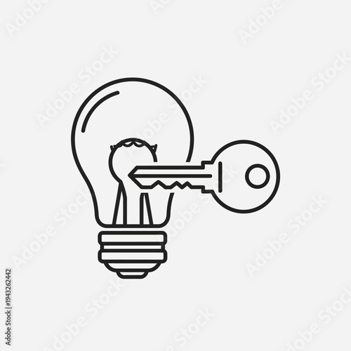 Line art illustration of a key unlocking a light bulb, symbolizing ideas, solutions, and innovation.