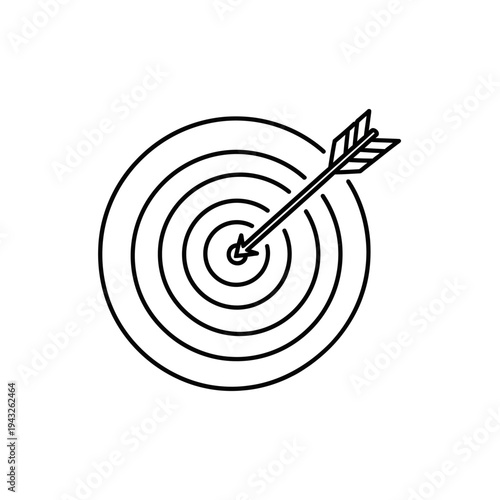 Minimalist black and white line art illustration depicting an arrow striking the exact center of a concentric circular target or bullseye.