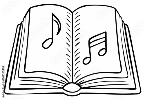 Open book with musical notes illustration, outline drawing