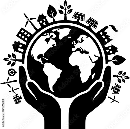 Hands Holding Earth Vector - Black White Environmental Community Service Globe Tree Building Line Art Sustainability Care Illustration on White Background