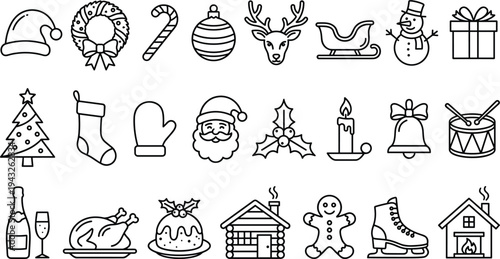 Christmas Line Icons Set Featuring Santa Claus, Reindeer, Sleigh, Gingerbread Man, Roast Turkey, Champagne, Christmas Pudding, Log Cabin, and Winter Holiday Symbols