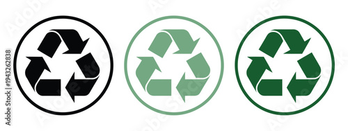 Multicolor recycling icons collection, including green, blue, and yellow symbols, environmental protection, reduce reuse recycle concept, and sustainable design