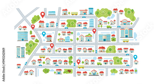 Cartoon City Map with Houses, Buildings, Roads and Cars - Flat Design