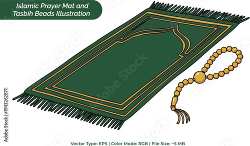 Islamic Prayer Mat and Tasbih Beads Illustration