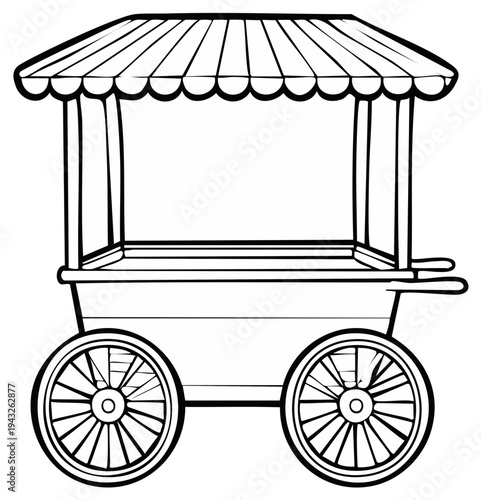 Outline of a classic market stall cart with striped awning and wheels ready for business