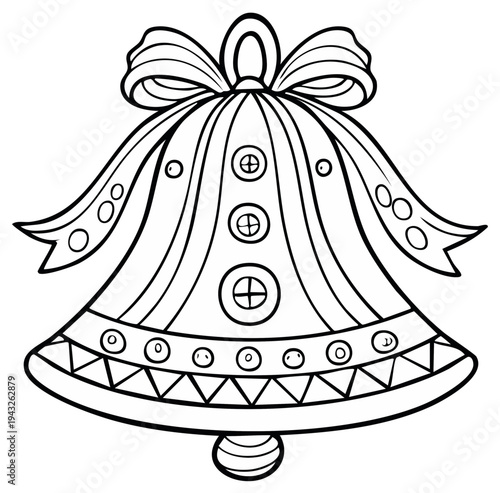 Festive Christmas bell outline with decorative ribbon and traditional patterns, ready for coloring