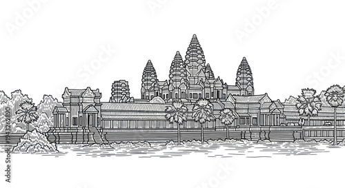 Angkor Wat Cambodia Landmark Sketch Drawing