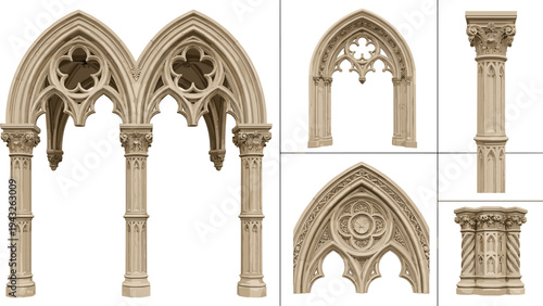 Detailed Gothic architectural illustrations of pointed arches, ornate columns, and tracery with floral and geometric motifs, ideal for architectural history, design, or restoration themes.