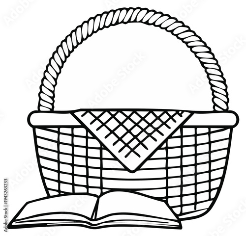Black and white illustration of a picnic basket with a checkered blanket and open book representing leisure activities and relaxation