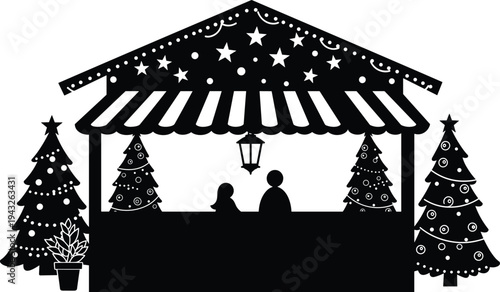 Christmas market stall silhouette, festive booth with lantern, decorated trees, holiday celebration, cozy winter scene, family tradition, seasonal illustration design