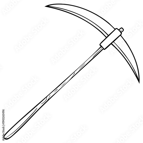 Outlined monochrome illustration of a curved farming tool, the scythe.